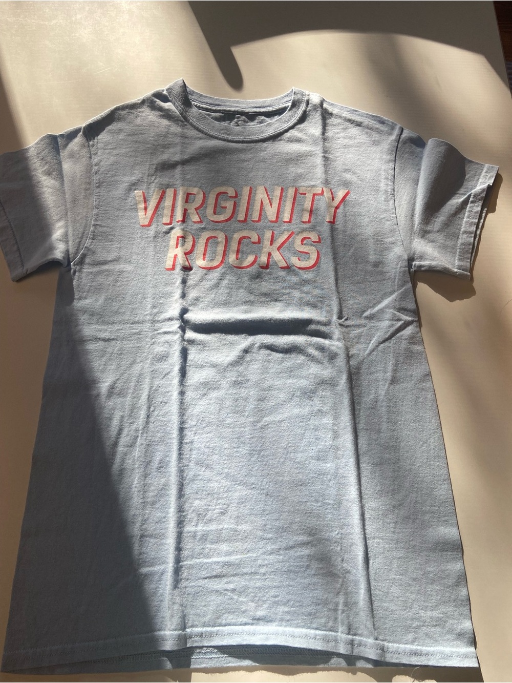 Danny Duncan 69 Virginity Rocks Light Blue Tee Shirt like new women's size S
